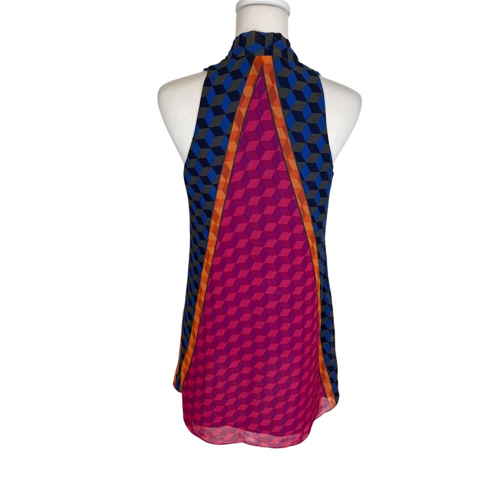 Atina Cristina Geometric Cube Print Tie Neck Shift Mini‎ Dress Pink Blue XS USA - Picture 3 of 7